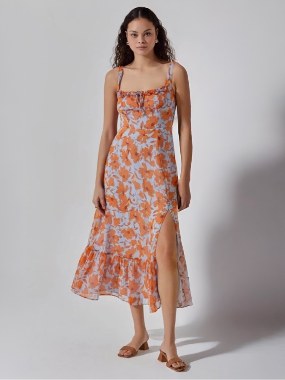 Astr Floral Square Neck Midi Dress with Side Slit Sz XS NWT